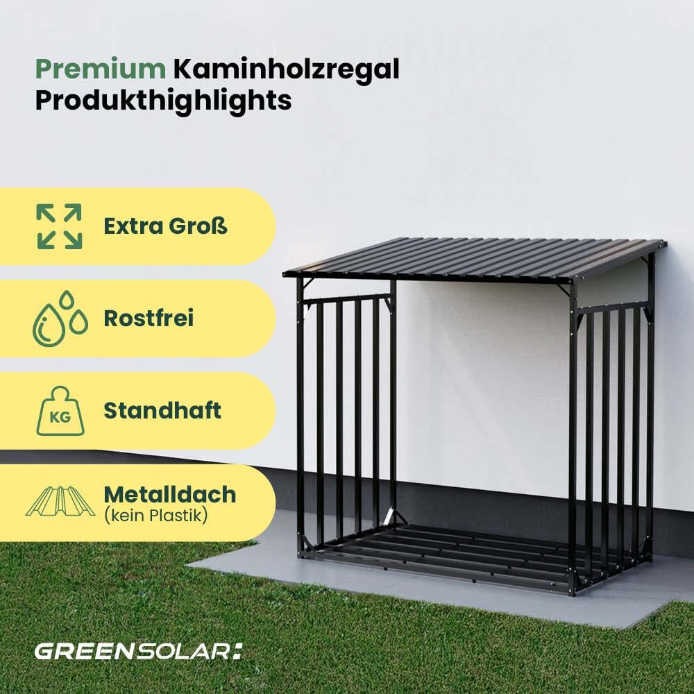 Kaminholzregal mit Balkonkraftwerk 900/800 black und Balkonkraftwerk-Speicher Anker Solarbank 3 E2700 inkl. Plane