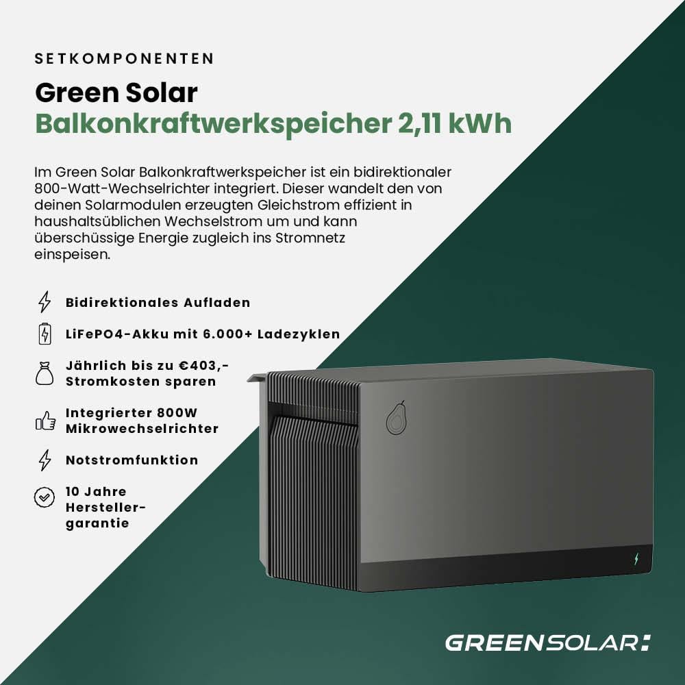 Balkonkraftwerk Basic 1000/800 black bifazial mit Balkonkraftwerkspeicher 2,11 kWh