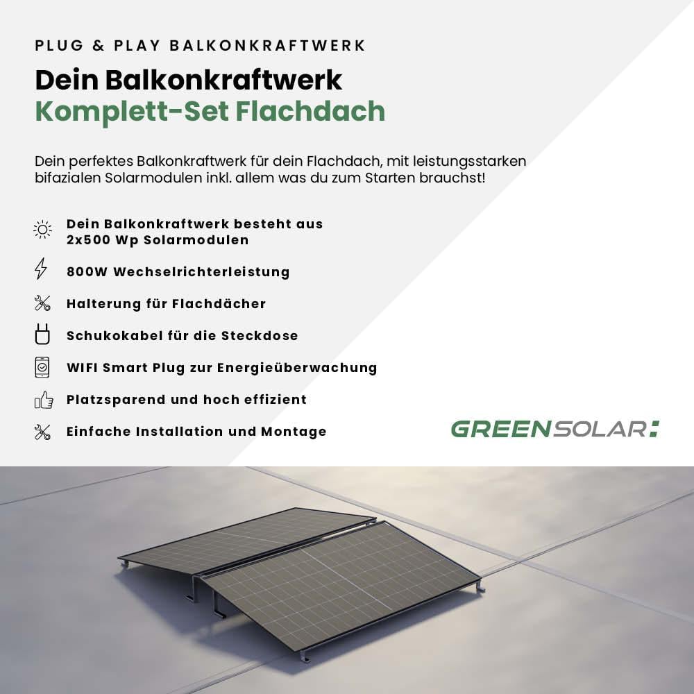 Balkonkraftwerk Flachdach M - Komplett-Set (1000W) inkl. Wifi Plug